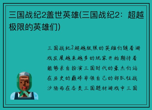 三国战纪2盖世英雄(三国战纪2：超越极限的英雄们)